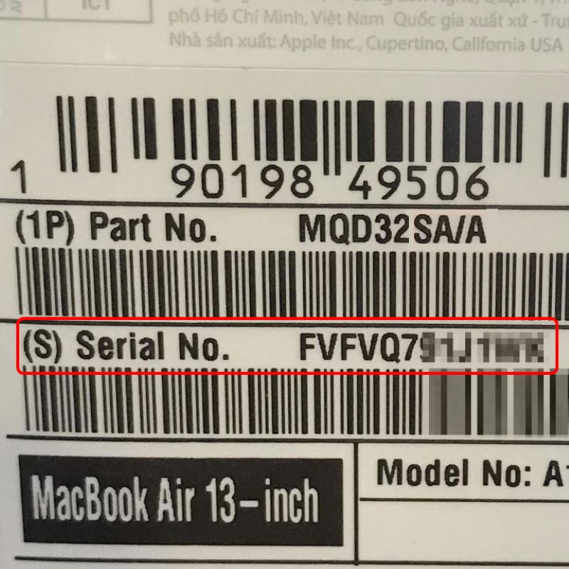 Serial check MacBook trên vỏ hộp